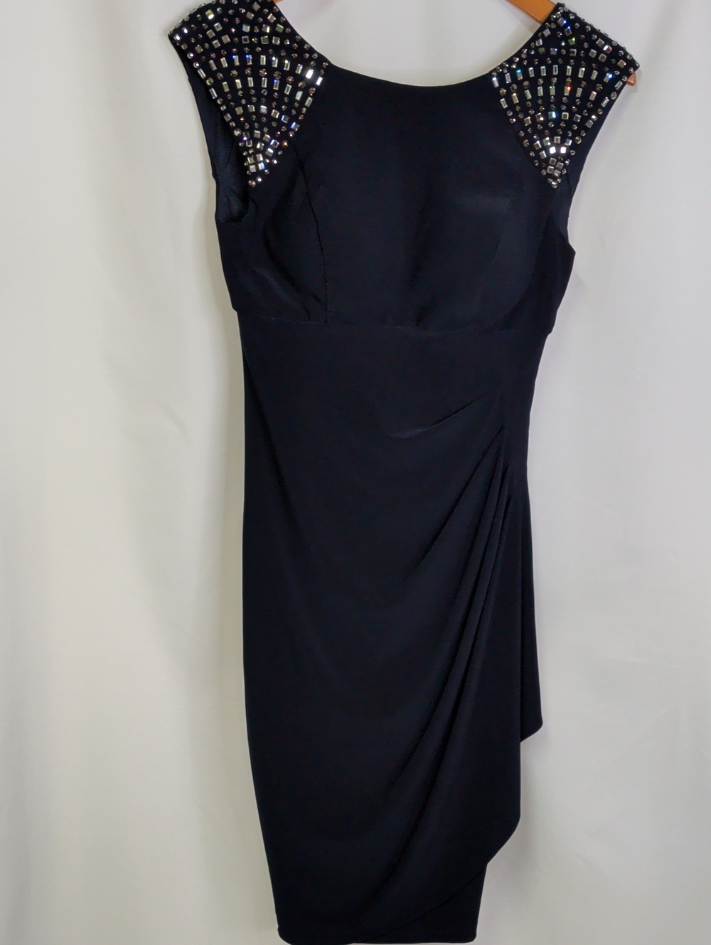 Cache Navy Blue Midi Dress with Rhinestone & Bead Cap Sleeves